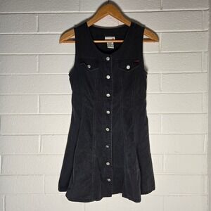 Vtg Scarlett Denim Dress 7/8 Black Button Flare Mini 90s Y2K Goth Biker Cyber
